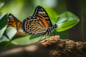 une papillon est séance sur une branche dans le forêt. généré par ai photo