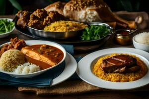 une table avec assiettes de nourriture et boules de riz. généré par ai photo