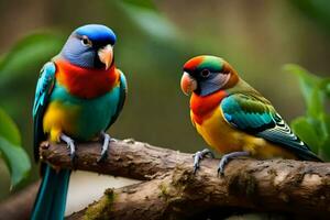 deux coloré des oiseaux séance sur une branche. généré par ai photo