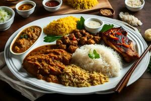 une assiette de Indien nourriture avec riz, Viande et des légumes. généré par ai photo