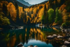 l'automne paysage, montagnes, lac, des arbres, réflexion, réflexion, l'automne, l'automne paysage,. généré par ai photo