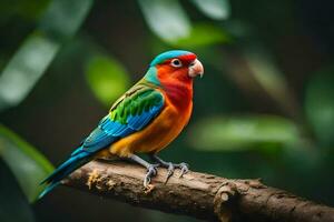 une coloré oiseau est assis sur une branche. généré par ai photo