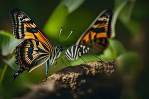 deux papillons sont séance sur Haut de une arbre. généré par ai photo