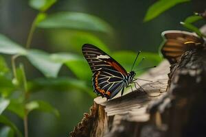 papillon sur arbre souche. généré par ai photo