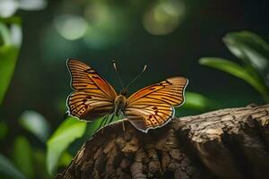 une papillon est séance sur une arbre tronc. généré par ai photo