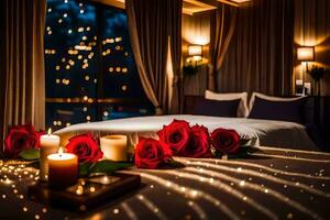 une lit avec bougies et des roses dans de face de une la fenêtre. généré par ai photo