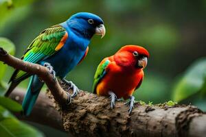 deux coloré des oiseaux séance sur une branche. généré par ai photo