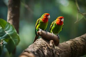 deux vert et rouge des oiseaux séance sur une branche. généré par ai photo