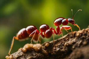 une rouge fourmi est en marchant sur une arbre tronc. généré par ai photo