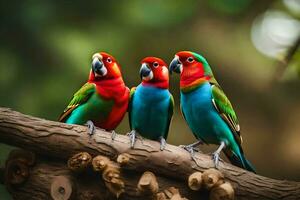 Trois coloré des oiseaux séance sur une branche. généré par ai photo