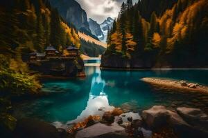 une Lac entouré par montagnes et des arbres. généré par ai photo