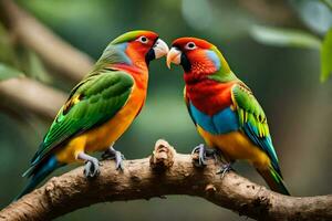 deux coloré des oiseaux séance sur une branche. généré par ai photo