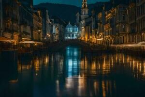 une canal dans le milieu de une ville à nuit. généré par ai photo