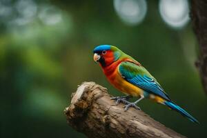 une coloré oiseau est assis sur une branche. généré par ai photo