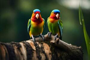 deux coloré des oiseaux séance sur une branche. généré par ai photo