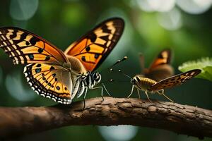 deux papillons sont séance sur une branche. généré par ai photo