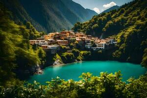 une village est assis sur le bord de une Lac entouré par montagnes. généré par ai photo