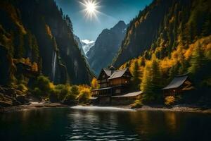 une cabine dans le montagnes avec le Soleil brillant. généré par ai photo