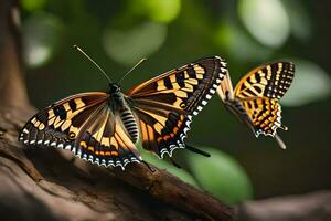 deux papillons sont séance sur une branche. généré par ai photo