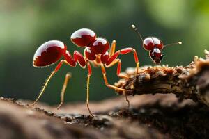 une rouge fourmi porter une petit rouge balle. généré par ai photo