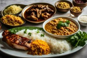 une assiette de nourriture avec riz, Viande et des légumes. généré par ai photo