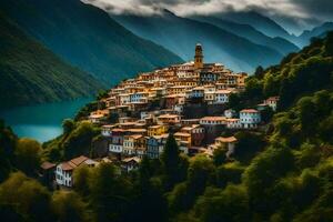 une village sur le côté de une Montagne. généré par ai photo