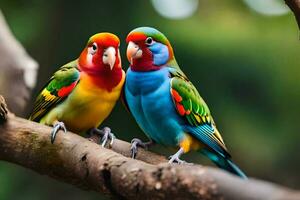 deux coloré des oiseaux séance sur une branche. généré par ai photo