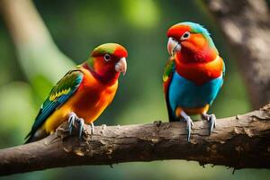 deux coloré des oiseaux séance sur une branche. généré par ai photo