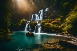 une cascade dans le forêt avec lumière du soleil brillant par le des arbres. généré par ai photo