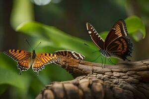 deux papillons sont séance sur une branche. généré par ai photo