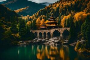 une pont plus de une rivière dans le montagnes. généré par ai photo