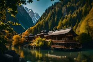 une chinois maison est assis sur le bord de une Lac entouré par montagnes. généré par ai photo