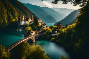 le magnifique village de saigner dans le montagnes. généré par ai photo