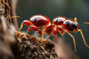 une rouge fourmi est en marchant sur une arbre tronc. généré par ai photo