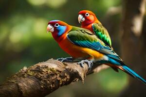 deux coloré des oiseaux séance sur une branche. généré par ai photo