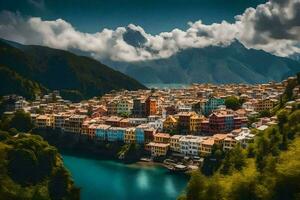 coloré Maisons sur le rive de une lac. généré par ai photo