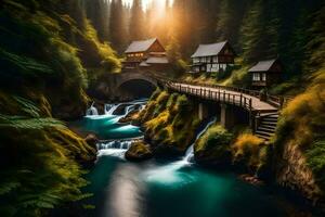 une pont plus de une rivière avec une cascade dans le Contexte. généré par ai photo