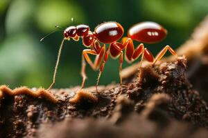 une rouge fourmi sur une arbre tronc. généré par ai photo