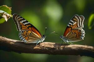 deux papillons sont séance sur une branche. généré par ai photo