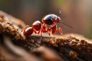 une rouge fourmi est permanent sur une branche. généré par ai photo