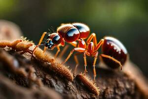 une rouge fourmi est en mangeant une petit bogue. généré par ai photo