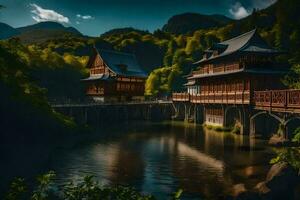 une Japonais en bois maison dans le montagnes. généré par ai photo