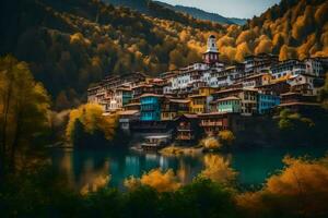 une village entouré par des arbres et l'eau. généré par ai photo