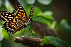 une papillon est séance sur une branche avec feuilles. généré par ai photo