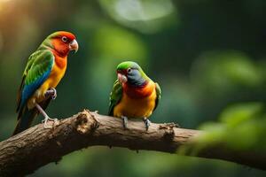 deux coloré des oiseaux séance sur une branche. généré par ai photo