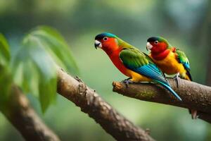 deux coloré des oiseaux séance sur une branche. généré par ai photo