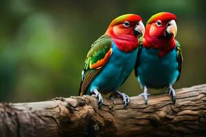 deux coloré des oiseaux séance sur une branche. généré par ai photo