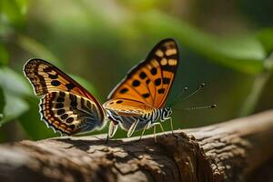 deux papillons sont séance sur une enregistrer. généré par ai photo