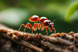 une rouge fourmi est permanent sur une branche. généré par ai photo