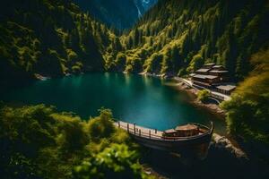 une bateau amarré dans le milieu de une Lac entouré par des arbres. généré par ai photo